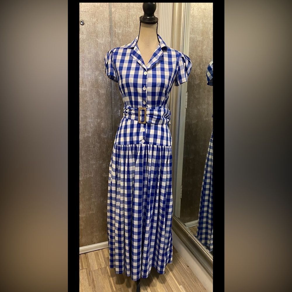 Liliana Meza Blue And White Plaid Belted Midi Dress, S